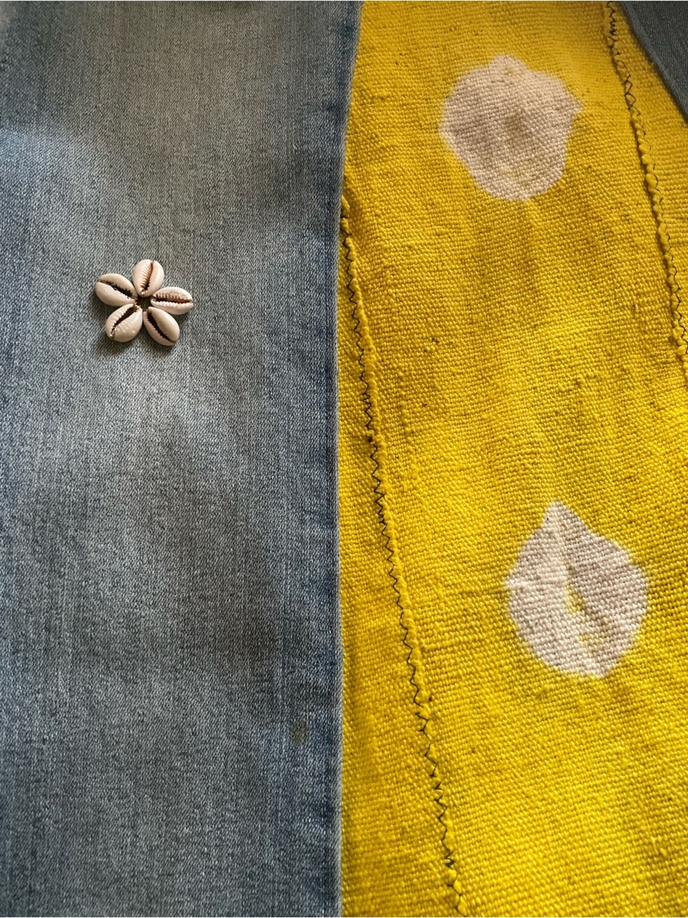 AUTHENTIC Maxi Denim Skirt w/ Yellow/White Mudcloth Inset & Cowrie Shells - Picture 6 of 7